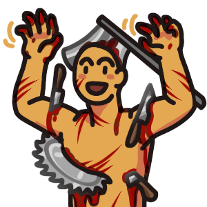 a figure from the waist up, raising their arms above their head and wiggling their fingers. They are an avatar of the Slaughter. They have many various weapons and sharp objects embedded in their body, several slash marks, and blood on their fingers.